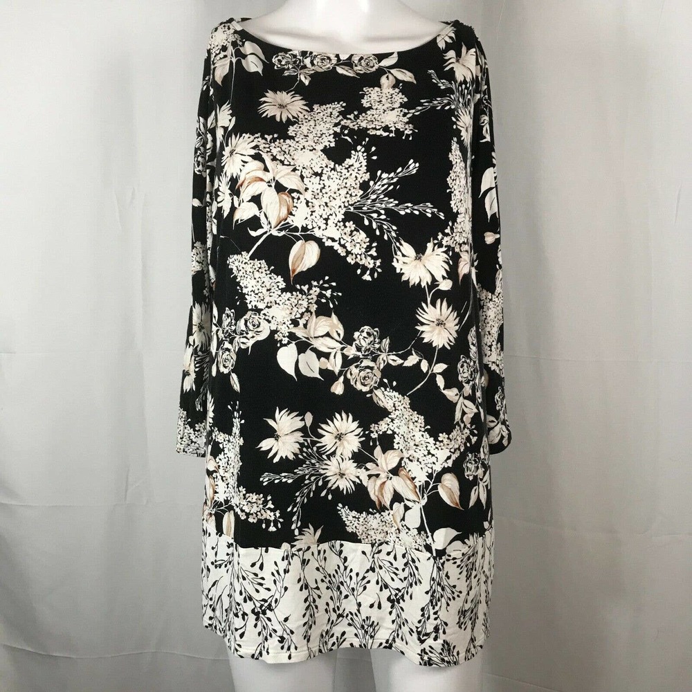 J. Jill Wearever Shirt Womens SP Petite Black White Floral Tunic Top Stretch